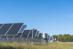 Foto de paneles solares contra la hierba dorada